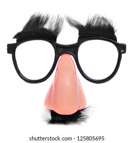 closeup of a fake nose and glasses, with mustache and furry eyebrows