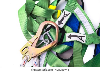 Closeup Fall Protection Harness And Lanyard For Work At Heights On White Background.Closeup At Safety Hook.