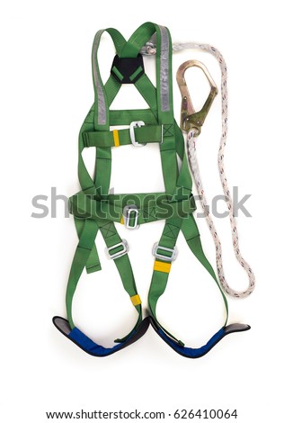 Closeup fall protection Hook harness and lanyard for work at heights on white background.