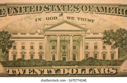 A Closeup Of The Famous Picture Of The White House On The Back Of A U.S. Twenty Dollar Bill.