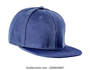 Closeup of the fashion denim cap isolated. Flat brim cap. Snapback. Denim flat visor cap. Fabric. Customizable sports cap. Hat. Cotton
