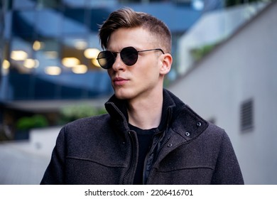 Closeup Fashion Shot, Young Man In Coat And Sunglasses Fall Fashoin 