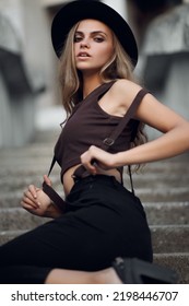 Closeup Fashion Woman Portrait Of Young Pretty Trendy Girl Posing In City