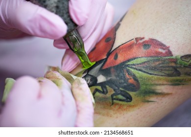 Close-up of a female artist making a color tattoo on the leg of a young girl. Tattoo artist stuffs a ladybug on a girl's leg, tattoo for a girl