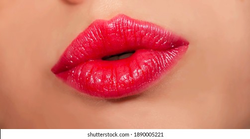 Close-up of female beautiful red lips. Makeup