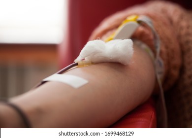 Closeup Female Caucasian Donor Hand Donate PRP Blood Plasma,COVID-19 Corona Virus Disease Crisis,needle In Vein Detail,charity Benevolence Goodwill Saving Lives Help Those In Need Concept Research