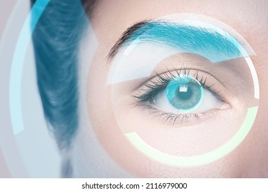 Close-up of female eye with HUD display. Concepts of augmented reality and biometric iris recognition or visual acuity check-up
