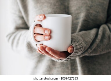 Closeup of female hands with a mug of beverage. Beautiful girl in grey sweater holding cup of tea or coffee in the morning sunlight. Mug for your design. Empty. - Shutterstock ID 1059427853