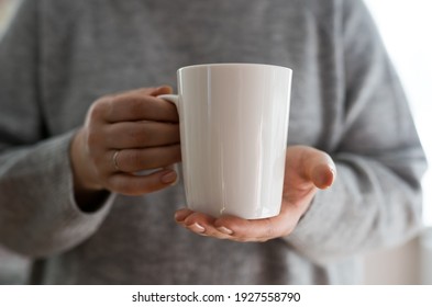 Close-up of female hands with a mug of drink. A beautiful girl in a gray sweater holds a cup of tea or coffee in the morning sunlight. Mug for your design. Empty space. - Shutterstock ID 1927558790