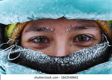 Closeup Of A Female Mountaineer In Wintertime At Glen Coe, Scotland