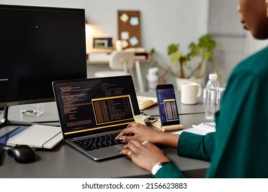 Closeup Of Female QA Engineer Typing On Keyboard While Using Computer At Workplace In Office, Copy Space