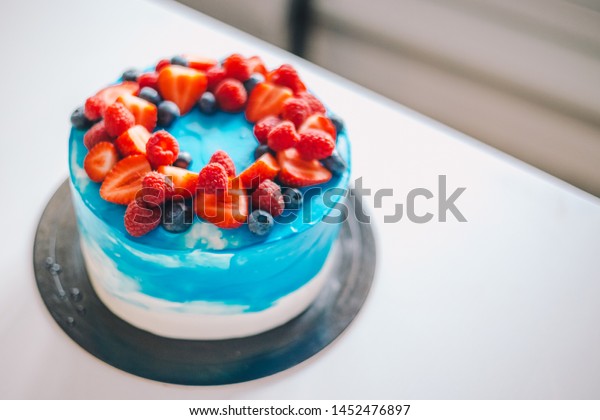 Closeup Festive Blue White Cake Decorated Stock Photo Edit Now