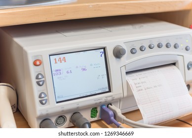 Close-up Fetal Monitor Or Non Stress Test Printing Baby Heart Beats, Electrocardiograph And Mother Uterine Contraction. Labor And Delivery Room At Hospital