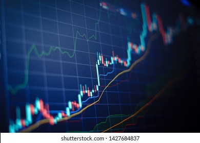 Closeup Financial Chart With Uptrend Line Candlestick Graph In Stock Market On Blue Color Monitor Background