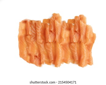 A close-up of finely sliced pieces of Sottish smoked salmon on a white background