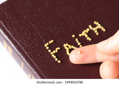 Closeup Of Finger Holding Mustard Seed Faith. Holy Bible Concept Of Trust In God And Jesus Christ. Faithful Christians Live In Hope. The Gospel Of Matthew 17:20. Parables Of Jesus Christ.	
