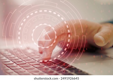 Close-up of a finger pressing a keyboard key with a digital warning symbol overlay. Concept of cybersecurity threat on a blurred background of binary code