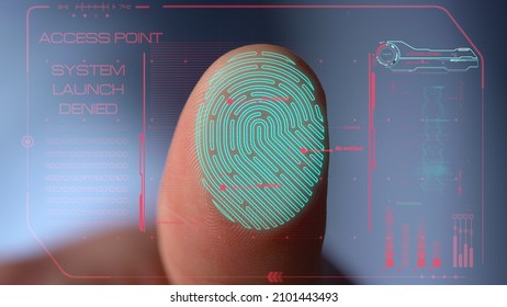 Closeup finger scan failing authorisation for system launch protection sensor. Digital identification device scanning biometrics blocking hacker connection. High-tech security verification concept