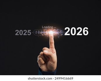 Close-up of a finger touching a loading bar transitioning from 2025 to 2026, representing vision, innovation, and the future. Ideal for illustrating technological progress and forward-thinking concept - Powered by Shutterstock - Get 15% off with code: PIKWIZARD15