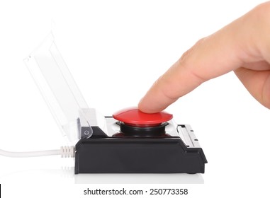 Close-up Of Finger Using Red Emergency Button Over White Background - Shutterstock ID 250773358