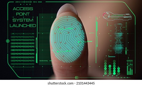 Closeup fingerprint futuristic scanner launching system successful verification. Modern hightech protection application analyzing personal biometrical data user login. Metaverse cybersecurity concept