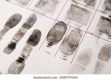 Close-up of fingerprints on a fingerprint card, forensic examination, registration of criminals