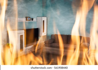 Close-up Of Fire Burning Inside The Living Room Of The House