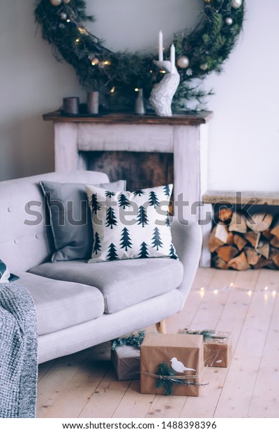 Closeup Fireplace Decorated Christmas Theme Stock Photo Edit Now