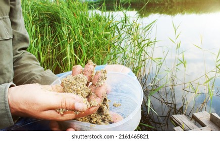Close-up of a fisherman's hand holds porridge fish bait with makuha, attractants, food flavorings. Bait for river fish carp, crucian carp, ram, rudd, minnow, bleak, bream, tench