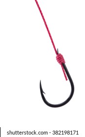 Close-up of a fishing hook on white background.