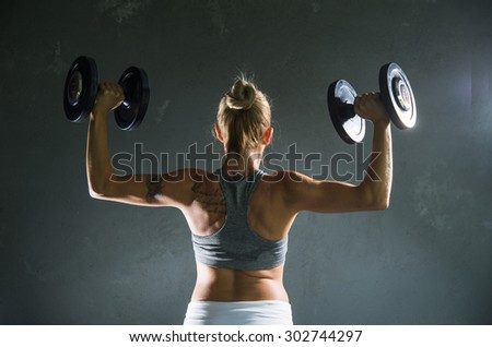 Similar – Rear view portrait of one young middle age athletic woman at crossfit training, exercising with trx suspension fitness straps over dark background