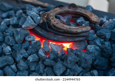 Close-up of five horseshoes on red-hot coals in a blacksmith's black charcoal furnace, hot furnace flames in a forge - Powered by Shutterstock