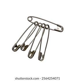 A close-up of five interconnected metallic safety pins attached to a larger safety pin, displayed against a white background.