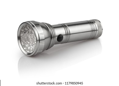 Close-up of a flashlight, isolated on white background