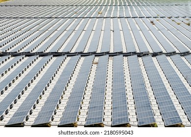 Close-up Of The Floating Solar Power System On The Flood Detention Basin.