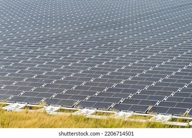 Close-up Of The Floating Solar Power System On The Flood Detention Basin.