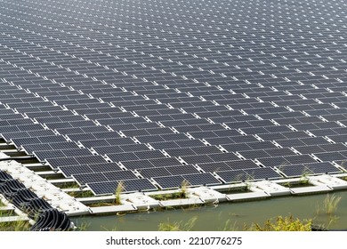 Close-up Of The Floating Solar Power System On The Flood Detention Basin.