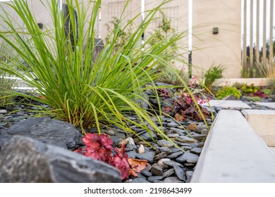 Closeup Of Flowerbed With Ornamental Grass Decorated With Dark Pebble Ground Covering And Landscape Rocks. Front Yard Landscaping Design Idea.