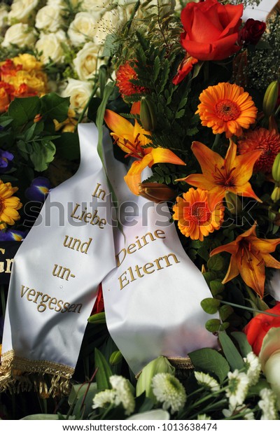 Closeup Flowers Funeral Wreath Ribbon German Stock Photo - 