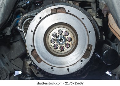 Close-up Of Flywheel Assembly In Rear Wheel Drive Manual Transmission Vehicle.