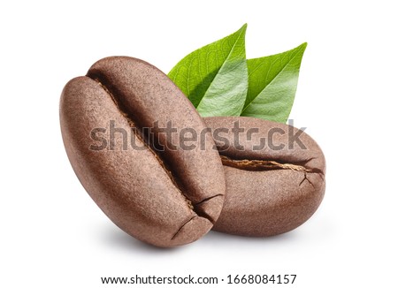 Close-up fo two coffee beans with leaves, isolated on white background