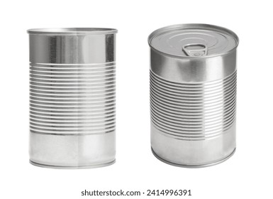 Closeup food canned, mockup preserve food container. Blank Metal cylinder tin can side view isolated on white background. 