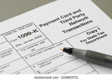 Closeup of Form 1099-K, Payment Card and Third Party Network Transactions, an IRS information return used to report certain payment transactions to improve voluntary tax compliance. - Shutterstock ID 2100833731