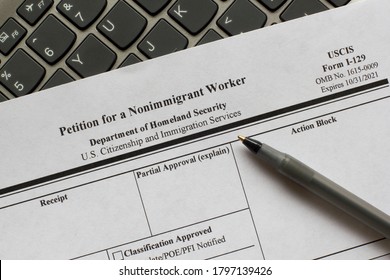 Closeup Of Form I-129, Petition For A Nonimmigrant Worker, Issued By U.S. Citizenship And Immigration Services (USCIS).
