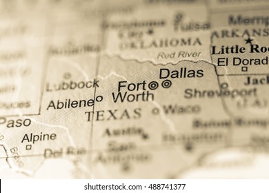 Closeup of Fort Worth, Texas on a political map of USA.