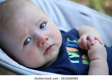 Close-up Of Four Month Old Baby Boy With Bright Blue Eyes And Fingers In Mouth Or Folded Nicely On The Chest In Bouncy Seat