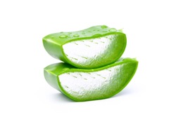 Close-up Fresh Aloe Vera Sliced With Ater Drops Isolated On White Background. 