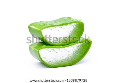 Close-up Fresh Aloe vera sliced with ater drops isolated on white background. 