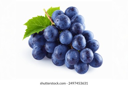 Close-Up of Fresh Blue Grapes with Water Droplets on Isolated White Background