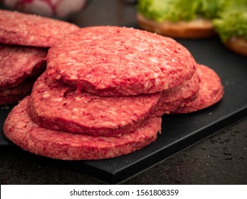 Closeup of fresh defrosted wagyu burger pattys